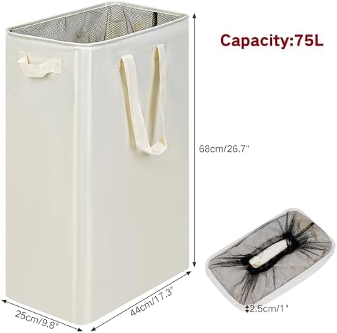 efluky Slim Laundry Basket, Narrow Laundry Hamper with Handles, Collapsible Dirty Clothes Hamper, Tall Laundry Bin for Laundry Room, Dorm and Bedroom, 19.8 Gallon (75L) Beige - Image 2