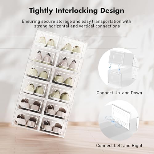 Foluck Shoe Storage Box, 15 Pack Clear Plastic Stackable Organizer for Closet, Interlocking Design Shoes Container Bins for Sneakers, Foldable Shoe Rack with Lids, White - Image 3