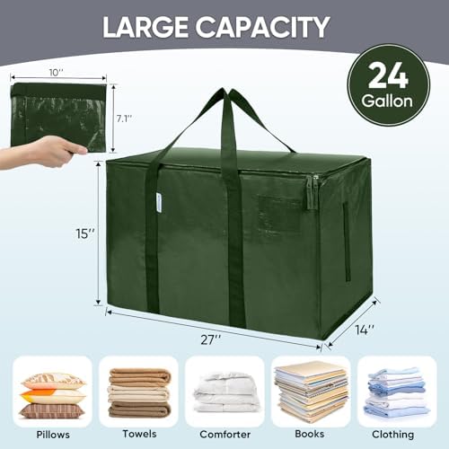 TICONN 4 Pack Extra Large Moving Bags Heavy Duty with Zippers & Carrying Handles, Durable Storage Bags Moving Boxes for Closet Organizers and Storage (4 Pack, Olive) - Image 5