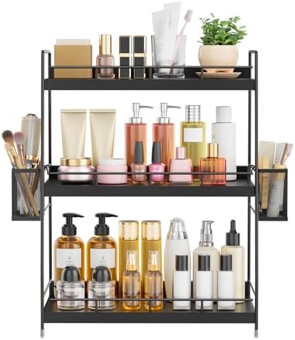 3 Tier Bathroom Counter Organizer with Side Baskets, Wooden Vanity Shelf by BSTSLL
