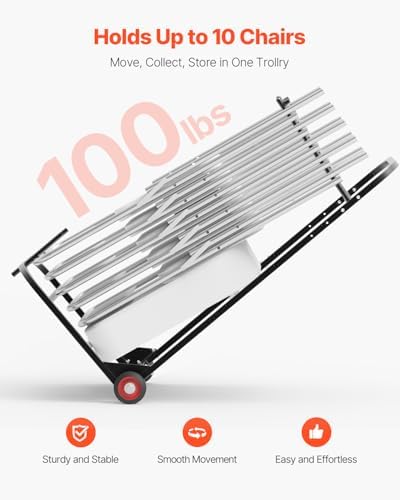 VEVOR Folding Chair Rack, 100 LBS Capacity, Heavy-Duty Chair Cart for Hanging 10 Chairs, Multi-Function Metal Chair Storage Dolly with Rubber Wheels, Push-Style Chair Holder, Matte Black - Image 2