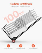 VEVOR Folding Chair Rack, 100 LBS Capacity, Heavy-Duty Chair Cart for Hanging 10 Chairs, Multi-Function Metal Chair Storage Dolly with Rubber Wheels, Push-Style Chair Holder, Matte Black - Image 2