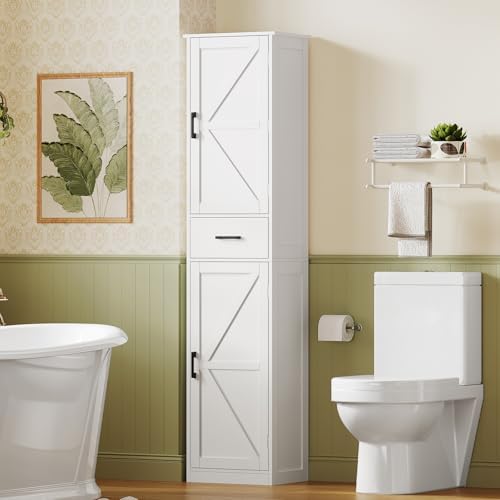 TEENFON Tall Storage Cabinet with 3 Door Shelves & 1 Drawer, Narrow Kitchen Pantry Cabinet for Living Room, Bathroom, Entryway, White - Image 2