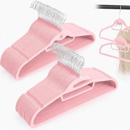 Velvet Hangers 50 Pack, S-Shaped and Stackable Felt Hanger(Pink) by UEAKPIC