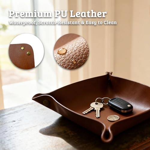 3 PACK PU Leather Jewelry Valet Tray Organizer, Foldable & Portable Catch All Bowl for Entryway Table, Nightstand, Desk & Travel | Storage Dish for Keys, Watch, Coin, Glasses (Brown) - Image 3