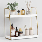 Forbena Bathroom Organizer Countertop, Counter Organizer for Bathroom Decor, Wooden Sink Shelf for Vanity Storage, Makeup Tray for Perfume Skincare Bedroom Kitchen Corner (2 Tier, White and Gold) by Forbena