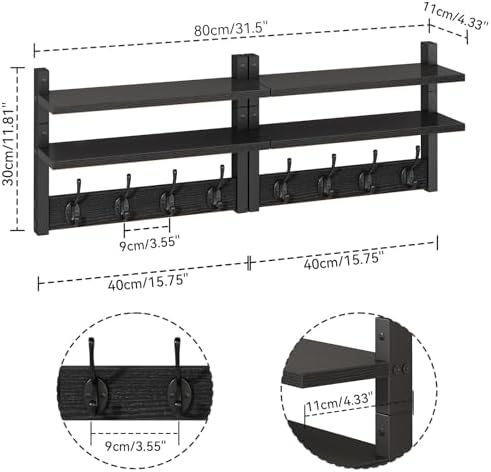 YMYNY Double Shelf Coat Rack Wall Mount with 8 Hooks, Black HWS009B-2 - Image 3
