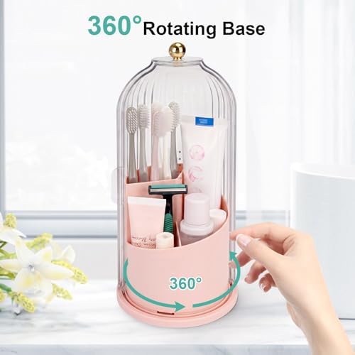 QIYVLOS Toothbrush Holders with Sliding Lid, Rotating 3 Slots Bathroom Organizer Countertop, Tooth Brush Toothpaste Holder Bathroom Counter Stand Sink Organizer Caddy for Makeup Brushes Holder (Pink) - Image 3