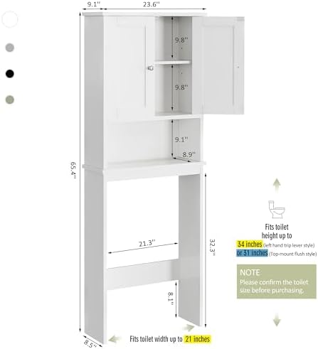 Over the Toilet Storage Cabinet, Bathroom Storage Organizer Over Toilet, Space Saver W/Adjustable Shelf & Open Shelf, White - Image 2
