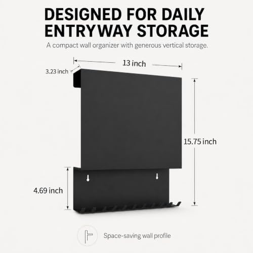Wall Mounted Key Holder and Mail Organizer with 11 Hooks and 4 Pins,Black - Image 4