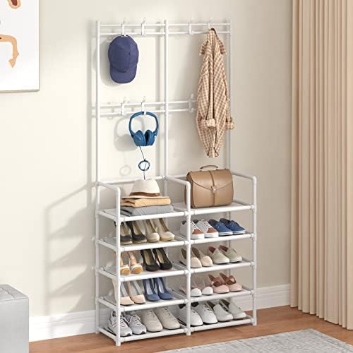 Laiensia 5-Tier Entryway Coat Rack, Coat and Shoe Rack, Entryway Bench Storage Organizer with 8 Hooks for Bedroom, Hallway, Office, White - Image 4