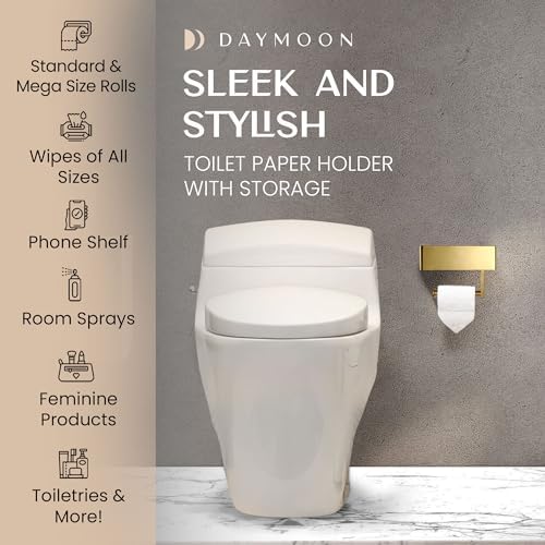 Day Moon™ - Toilet Paper Holder with Shelf - Modern Roll Holder for Bathroom - 1 Pack - Wall Mount - with Storage, Gold - Image 3