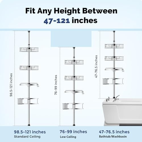 HAMITOR Shower Caddy Tension Pole, 4 Tier Corner Shower Shelves - Silver - Image 2
