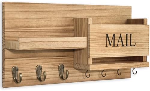 Lwenki Mail Organizer for Wall Mount – Key Holder with Shelf Includes Letter Holder and Hooks for Hallway Farmhouse Decor – Rustic Wood with Flush Mounting Hardware (16.5” x 9.1” x 3.4”) (Wood) - Image 2