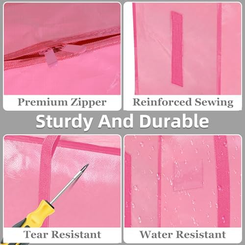 12 Pack-Extra Large Heavy Duty Moving Bags - Waterproof Storage Totes with Handles & Zippers, Foldable for College Dorm, Storage (Pink) - Image 4