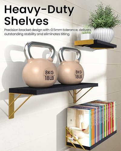 BAYKA Wall Shelves for Bedroom Decor, Wood, Black Gold, Set of 3, 16in - Image 4