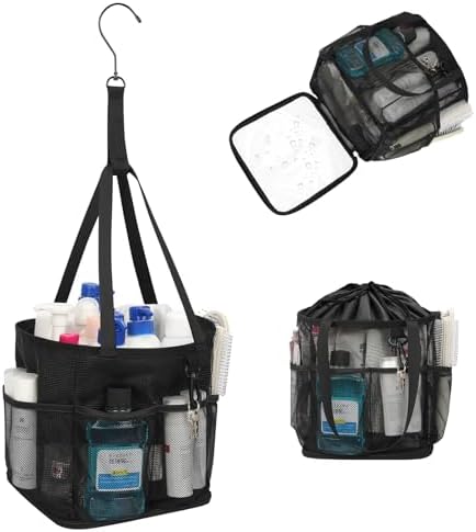 Mesh Shower Caddy Portable for College Dorm Room Essentials, Shower Tote Bag with Hanging Hook and Drawstring, Quick Dry Toiletry Bag with 6 Pockets for Bathroom, Swimming, Gym, Camping, Beach, Travel by onemoky