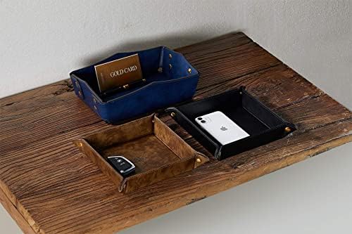 Leather Bedside Storage Tray - Jewelry Organizer for Girl's Key, Wallet, Coin Box - Travel PU Valet Tray (Dark Blue) - Image 2