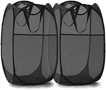 TECHMILLY Collapsible Mesh Pop Up Laundry Hamper with Sturdy Handles and Side Pocket - Portable Foldable Clothes Baskets for Dorm, Bathroom & Travel Storage (Black, 2 Packs) by TECHMILLY