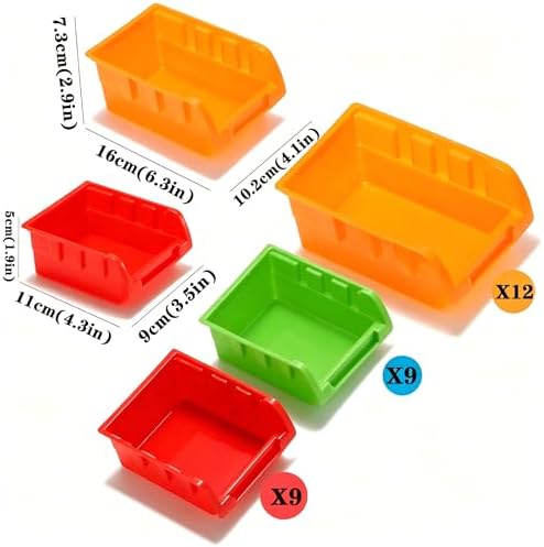 30-Bin Wall Mounted Storage Bins Kit, Tool Organizer Rack, Garage Hardware Organizer, Parts Storage Bins, DIY Combination(Red & Green & Orange Type) - Image 3