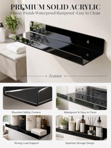 Black Acrylic Bathroom Shelf Wall Mounted Floating Organizer with Front Lip - Image 6