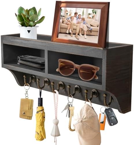Key Holder Wall Mount with Mail Organizer, 6 Hooks & Shelf, Black by KERESUEDO