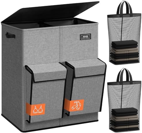 SOLEDI 180L Double Laundry Hamper with Lid and 2 Side Pockets, Dual Hamper by SOLEDI