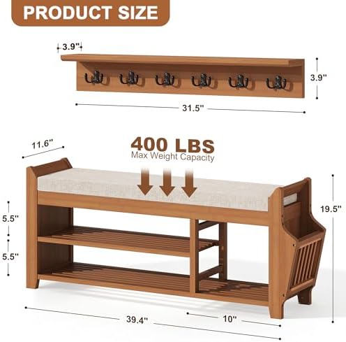 PETKABOO 39.4" Shoe Bench with Coat Rack Hidden Drawer and Side Holder, 2 Tier Entryway Bench with Storage, Bamboo Shoe Rack with Cushion for Entryway Hallway Living Room Bedroom - Image 2