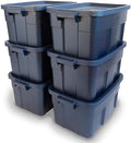 Rubbermaid Roughneck Tote 14 Gal, 6 Pack, Made in USA, Dark Indigo Metallic, Rugged Plastic Stackable Storage Bins with Lids and Handles by Unknown