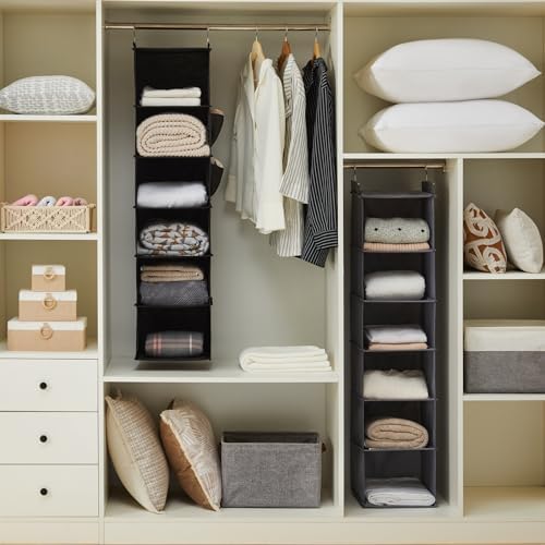 YOUDENOVA Hanging Closet Organizer and Storage, 6-Shelf, 2 Packs, Black | Breathable Fabric, 2 Side Pockets, Clothes Organizer, Hanging Shelves, Closet Storage, College Dorm Room Essentials for Guys - Image 2