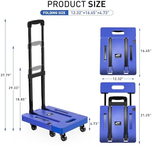 SPACEKEEPER Folding Hand Truck, 500 LB Heavy Duty Luggage Cart, Blue - Image 2