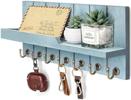 Rebee Vision Key Holder Wall Mount with Shelf for Entryway, Distressed Blue by REBEEVISION