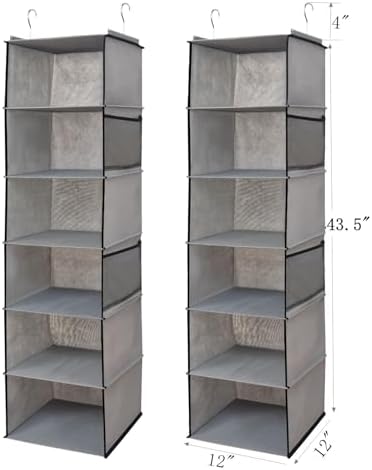 BrilliantJo 6 Shelves Hanging Closet Organizer, 2 Pack Hanging Storage with 4 Side Pockets for Clothes Shoes, 43.5"x12"x12"(Grey) - Image 3