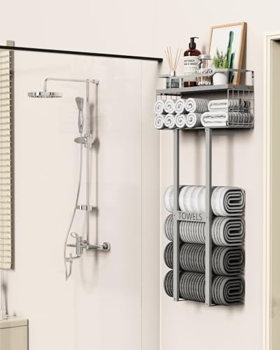 Aetyord Towel Racks for Bathroom - Wall Mounted Metal Rack with Wood Plank, Bathroom Storage Organizer, Towel Holder Stores 6 Large Rolled Towels Easily, All Grey - Image 3