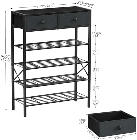 5 Tier Shoe Rack with 2 Drawers, 16-20 Pairs Black Grey - Image 3