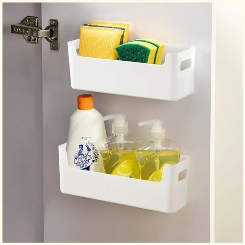 2 Pack Cabinet Organizer Storage, Adhesive Over Cabinet Door Organizer, No Drilling Space Saver Plastic Storage Containers Multi-Use for Kitchen Bathroom Office Bedroom, White by LANSKYWARE