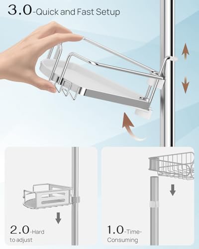 ALLZONE Corner Shower Caddy Tension Pole, 4 Hang-On Basket with Mixed-Height Shelves for Various Bottle Sizes, Extra Hooks & Soap Holder, Rustproof Stainless Steel, Fits 34–116 Inch, Silver/White - Image 2