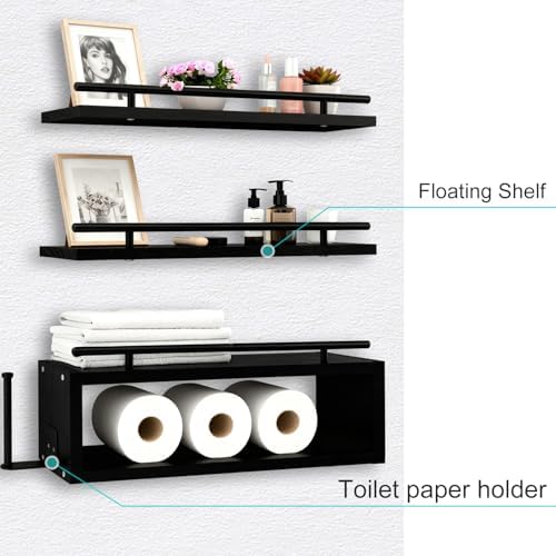 Wooden Floating Shelves with Paper Towel Holder for Bathroom Wall Storage - Image 4