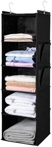 BOOMIBOO Hanging Closet Organize and Shelves,5-Hanging Shelf (Black) | Dorm Room Essentials, Clothes Organizer with 2 Side Pockets, Hanging Shelves for Closet Storage, Breathable Fabric by BOOMIBOO