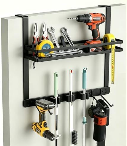 Broom Holder Door Mount,Door Mounted Broom and Mop Holder with Dual Tool Hooks, Three Slots, and One Tool Storage Basket For Laundry Room, Garage, Closet, warehouse, Kitchen Decor (black) by EARLESSBEAR