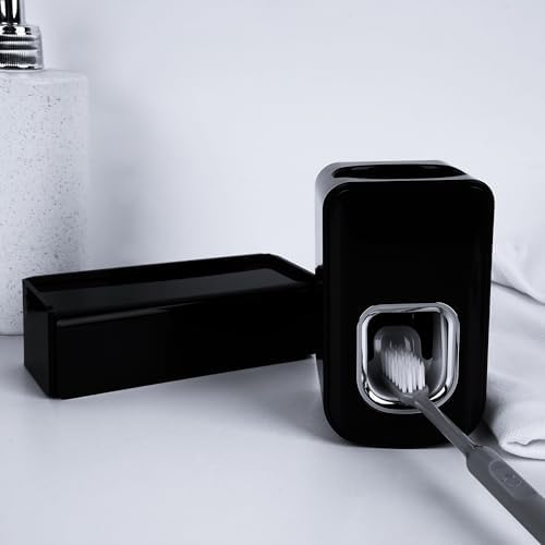 5 Slots Wall Mount Toothbrush Holder with Cover, Self Adhesive Toothbrush Storage Organizer for Shower, Toothbrush Hanger with Automatic Toothpaste Squeezer Dispenser(Black) - Image 6