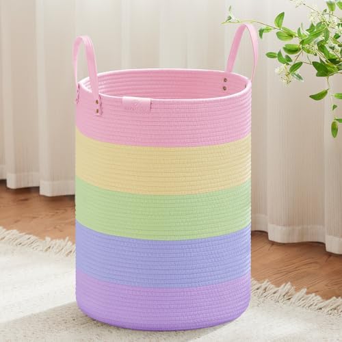 VIPOSCO 72L Tall Woven Rope Laundry Hamper, Leather Handles, Rainbow by VIPOSCO