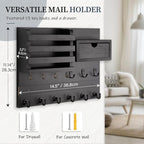 Nekon Key Holder Wall Mount with Drawer, 14.5" Mail Holder, Black - Image 6
