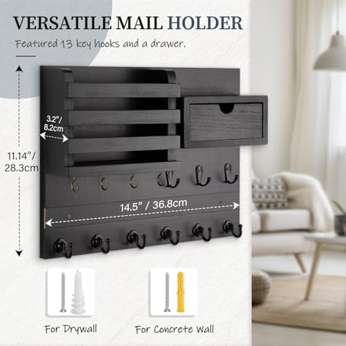 Nekon Key Holder Wall Mount with Drawer, 14.5" Mail Holder, Black - Image 6