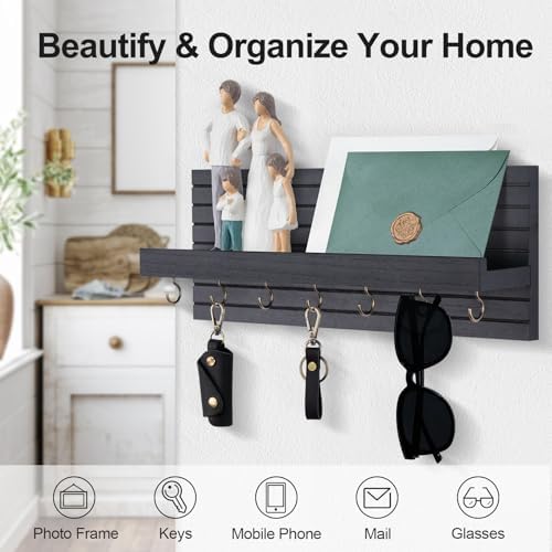 Lwenki Decorative Key Holder for Wall with Shelf, Entryway Shelf with Hooks Holds Leashes, Jackets and Glasses – Sturdy Wood Keyholder Entrance Hanger with Mounting Hardware (Black, Large) - Image 3