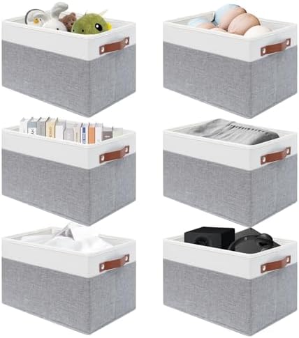 SNWDN 6 Pack Collapsible Fabric Storage Baskets with Handles (White/Grey 15''Lx10.2''Wx9''H) by Unknown