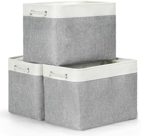 Bidtakay Large Storage Baskets for Organizing 3-Pack Fabric Closet Organizers Storage Bins with Handles 16x11.8x11.8 In Collapsible Baskets for Shelves Cloth Home Organization L-White&Grey by BidtakayBaskets