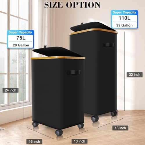 Laundry Hamper with Wheels, 75L Rolling Laundry Basket with Lid - Image 2