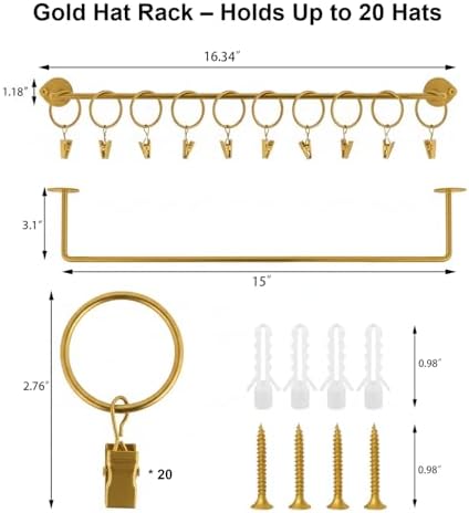 Viklluyr Hat Organizer for Baseball Caps Hat Rack with 20 Hooks - Sturdy Metal Hat Storage Wall Mounted Caps Hanger Set of 2 for Closet Door Bedroom Entryway Laundry(Gold) - Image 2