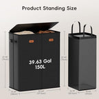 150L Double Laundry Hamper With Lid, Large Clothes Hampers with Removable Bag, Laundry Hamper 2 Section for Bathroom, Bedroom, Laundry Room, Dorm, Black - Image 6